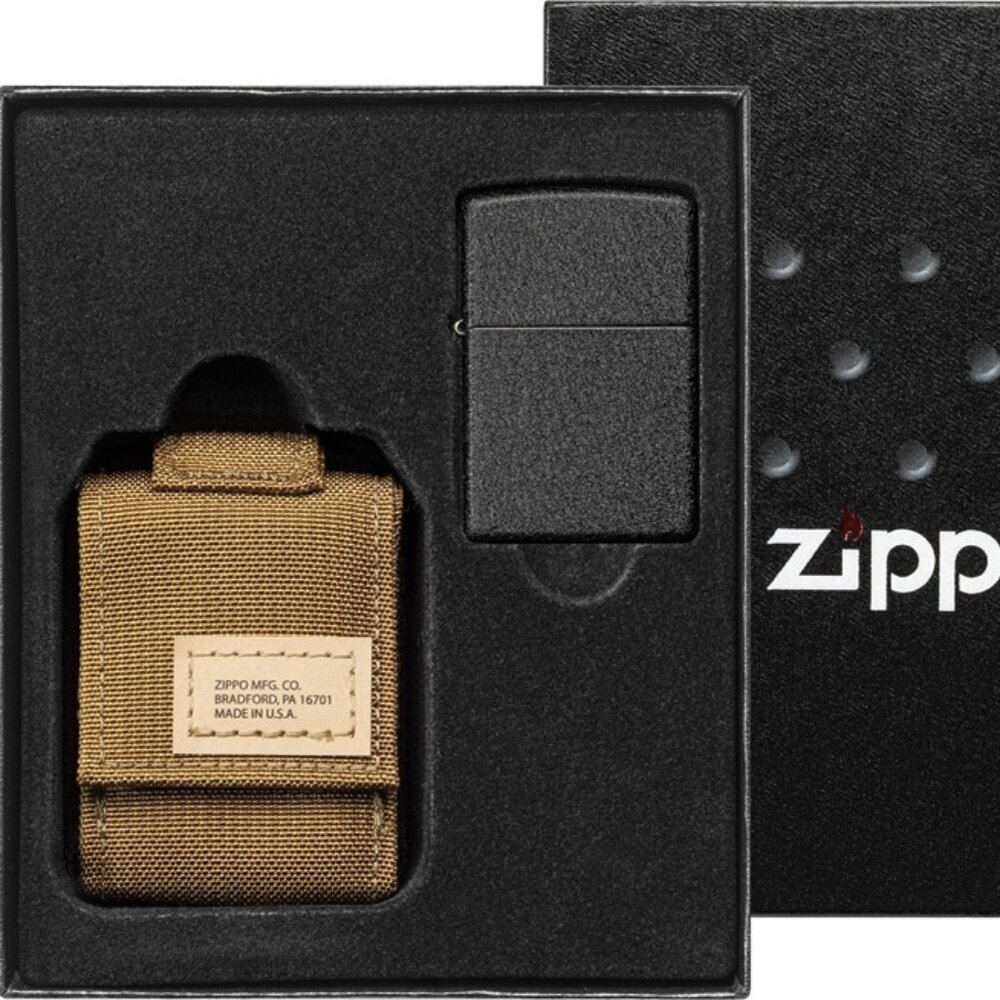 Black Crackle Zippo Lighter with Tan Molle Pouch